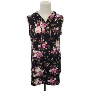 LuLaRoe Black Pink Floral Sleeveless Hoodie Kangaroo Pocket Stretch Tank Size S